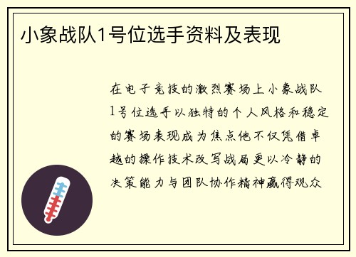 小象战队1号位选手资料及表现