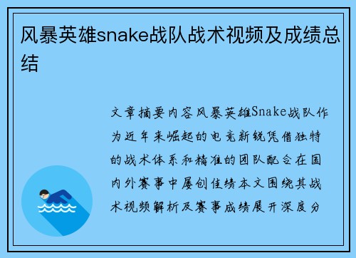 风暴英雄snake战队战术视频及成绩总结